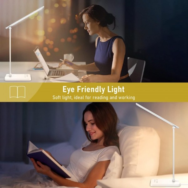 Aogled Desk Lamp LED 6 W Table Lamp Dimmable Bedside Lamp White Table Lamp 5 Light Colours 5 Brightness Levels USB Type C Table Lamp Eye Protection Touch Screen Reading Light Ideal for Readers