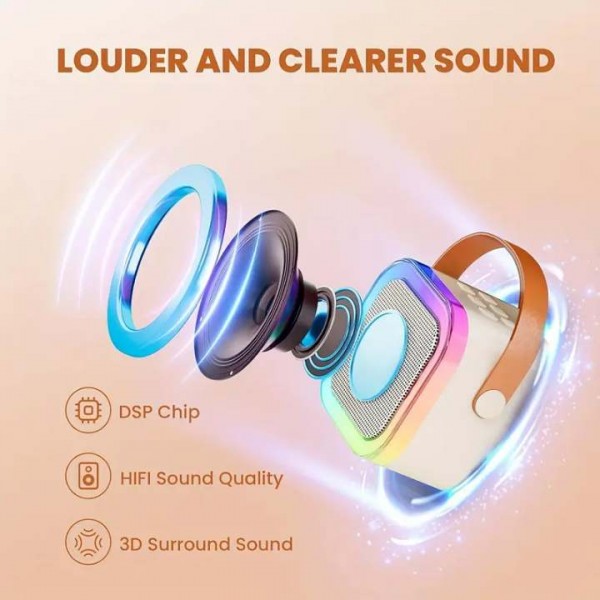 Aogled Mini Karaoke Machine K12,Portable Bluetooth Speaker with LED Lights,Karaoke Microphone for Birthday Party,Beige color