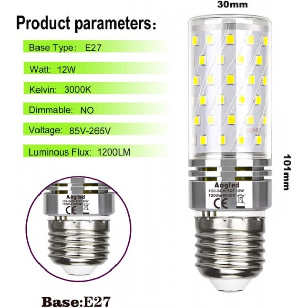 E14 LED bulbs 12 W, Aogled E14 LED 3000 K / 6000 K, equivalent to 100 W Brine, 1200 lm corn on the cob LED candelabra, not dimmable, no flickering, AC 100 - 240 V