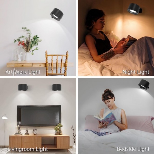 Aogled LED Wall Light USB Indoor Wall Lamp with Battery, Touch Control 3 Brightness Levels, 360° Rotatable, for Living Room, Bedroom, Staircase, Hallway, Wireless Wall Lights