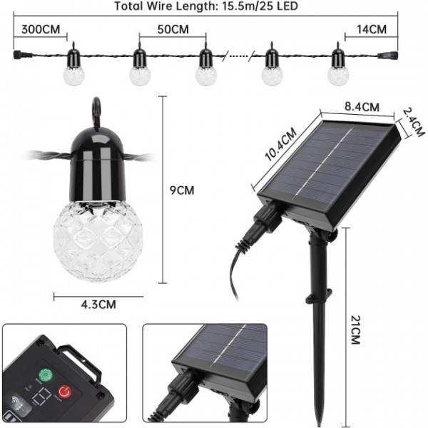 Aogled Solar String Lights Outdoor, G40 Globe Fairy Lights with 15.5 m / 25 LED Bulbs, Warm White 2700 K Solar Fairy Lights with Remote Control for Commercial Indoor/Outdoor Decoration