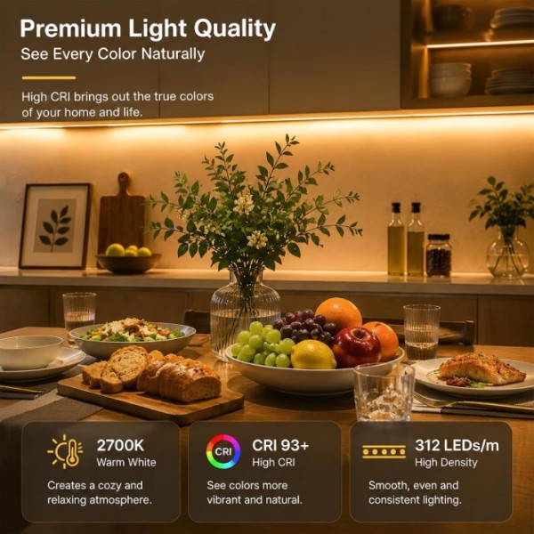 COB LED Streifen 20m Warmweiß 2700K, 24V Punktloses LED Lichtband, CRI 93+ Flexibler LED Strip, Zuschneidbar für Schlafzimmer, Küche und Wohnzimmer