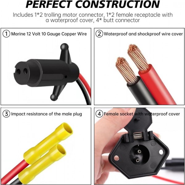 Aogled Trolling Motor Plug,12V 8 Gauge 2 Wire Trolling Motor Plug and Receptacle Compatible with Marine Boat Kayak, Waterproof Male Female Trolling Motor Wire Kit Connector Quick Connect Socket 