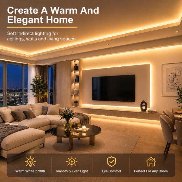 COB LED Streifen 20m Warmweiß 2700K, 24V Punktloses LED Lichtband, CRI 93+ Flexibler LED Strip, Zuschneidbar für Schlafzimmer, Küche und Wohnzimmer