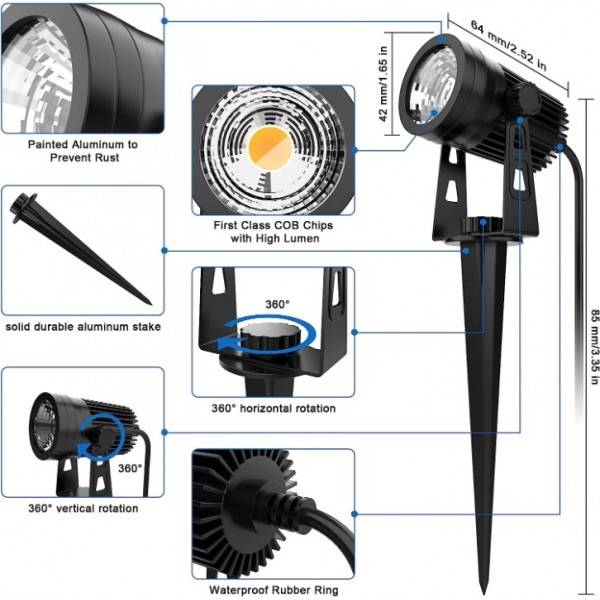 Aogled Garden Lighting LED Garden Light Warm White IP65 Waterproof, 6 x 3 W 1800 lm COB Outdoor, 3000 K Garden Spotlight with Ground Spike, Decorative Garden Lamp Lighting for Outdoor Garden Lawn