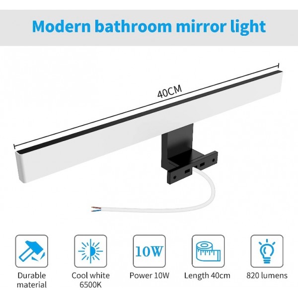 Aogled LED Mirror Light 40 cm 10 W 6500 K Bathroom Lamp 230 V Daylight White 820LM IP44 Waterproof Class II Black [Energy Class D]