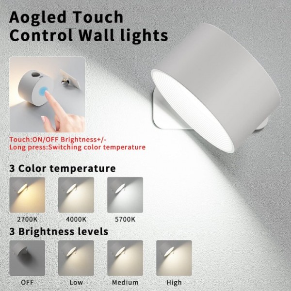 Aogled LED Wall Light Wireless Indoor Wall Lamp with Battery, Touch Control 3 Brightness Levels, 2700K-6000K, 360° Rotatable, Comfortable for Bedroom, Living Room, Staircase, Night Light