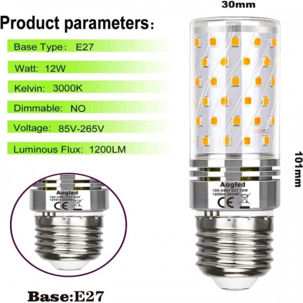 Aogled LED Light Bulb 12 W,Corn Lamp 1200 LM, Equivalent to 100 W Halogen Bulb,Warm White 3000 K