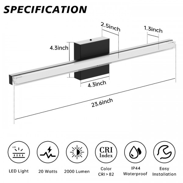 Aogled LED Bathroom Vanity Lighting 23.6 Inch Dimmable,Vanity Light 2000 Lumen Bright for Bathroom Cabinet Mirror