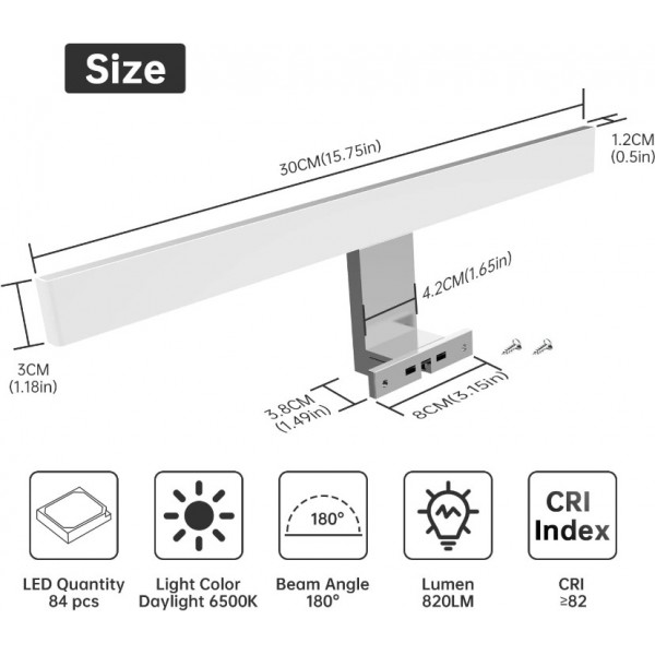 Aogled LED Bathroom Mirror Light, 10 W, 820 Lumen, 40 cm, 230 V, Stainless Steel 3-in-1 Class II Waterproof IP44 Bathroom Mirror Lamp, No Flickering, 400 mm Bathroom Mirror Light