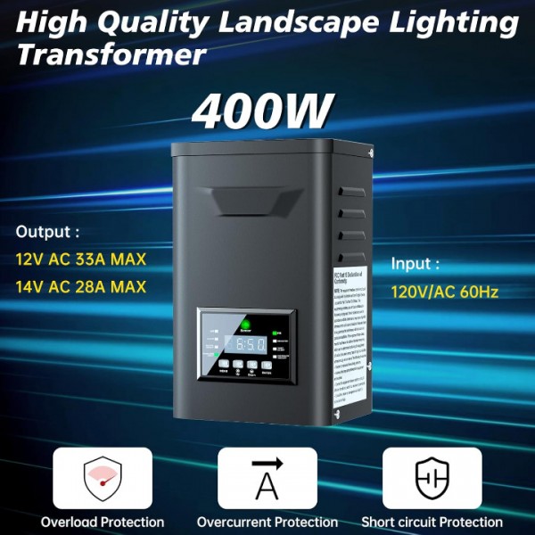 400W Low Voltage Landscape Transformer, Outdoor Weatherproof Transformer with Timer and Photocell Sensor, Landscape Lighting Transformer 120V AC to 12/14V AC for Spotlight Pathway Lights 