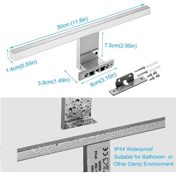 Aogled LED Mirror Light Bathroom 230 V Neutral White 4000 K Stainless Steel 3-in-1 IP44 Waterproof Class II Mirror Lamp Bathroom No Flickering Non-Dimmable Bathroom Wall Light