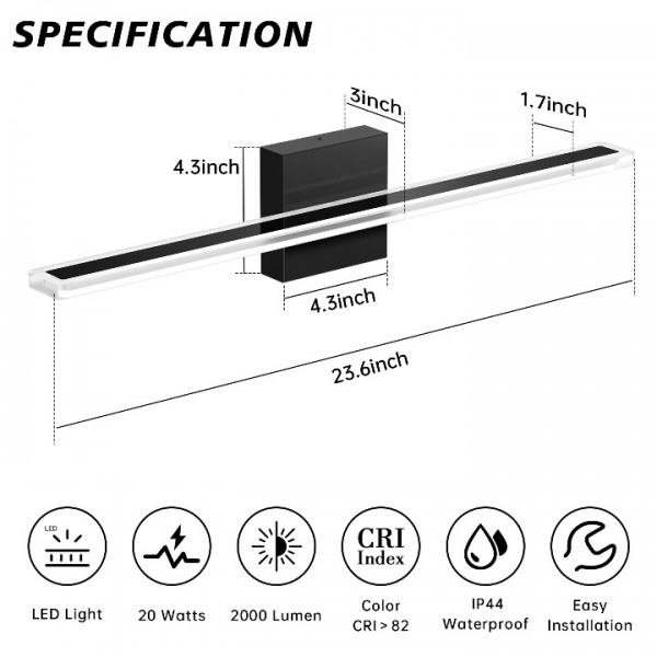 Aogled Dimmable Vanity Light for Bathroom,24 Inch 20W 2000 Lumen LED Bathroom Light Fixture