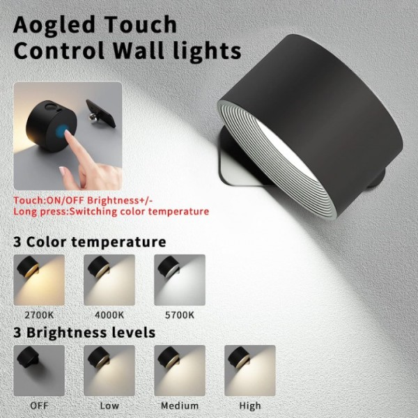 Aogled LED Wall Light USB Indoor Wall Lamp with Battery, Touch Control 3 Brightness Levels, 360° Rotatable, for Living Room, Bedroom, Staircase, Hallway, Wireless Wall Lights