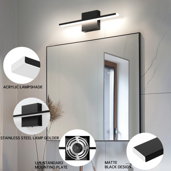 Aogled LED Bathroom Vanity Light Bar Dimmable 10W 16Inch 1020lm IP44 Over Mirror Lighting Fixture Indoor Wall Sconces Black 2700K/3000K/4000K/5000K/6000K