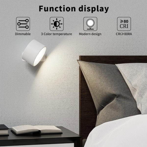 Aogled LED Wall Light Wireless Indoor Wall Lamp with Battery, Touch Control 3 Brightness Levels, 2700K-6000K, 360° Rotatable, Comfortable for Bedroom, Living Room, Staircase, Night Light