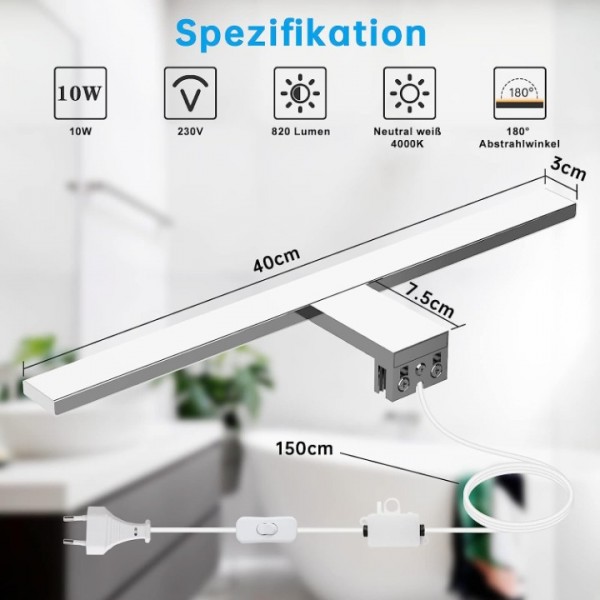 Aogled LED Mirror Light with Switch 10 W 40 cm Bathroom Lamp Wall Neutral White with 4000 K & 820 LM IP44 Waterproof, 230 V Cabinet Lighting LED Class II